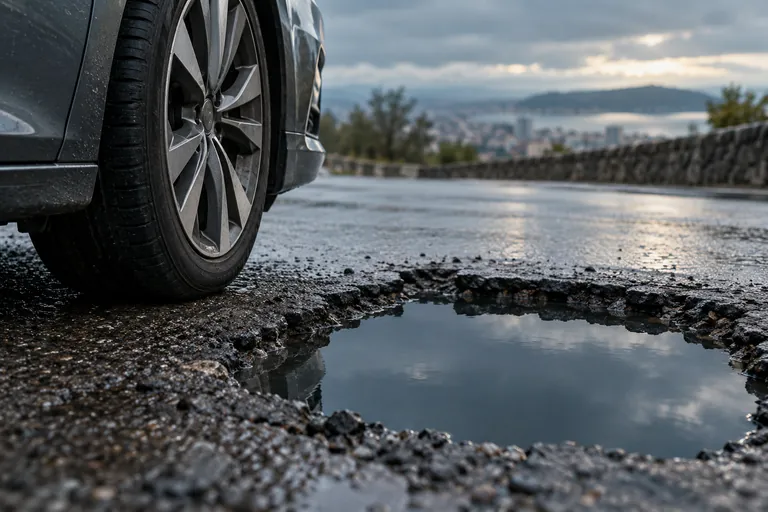 Una rueda se aproxima a un bache con agua cuya profundidad no se puede ver.
